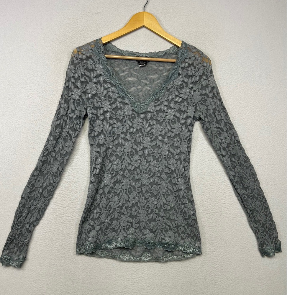 Vintage Fairycore Moda International Women M Gray Floral Lace V-Neck Top Y2K
